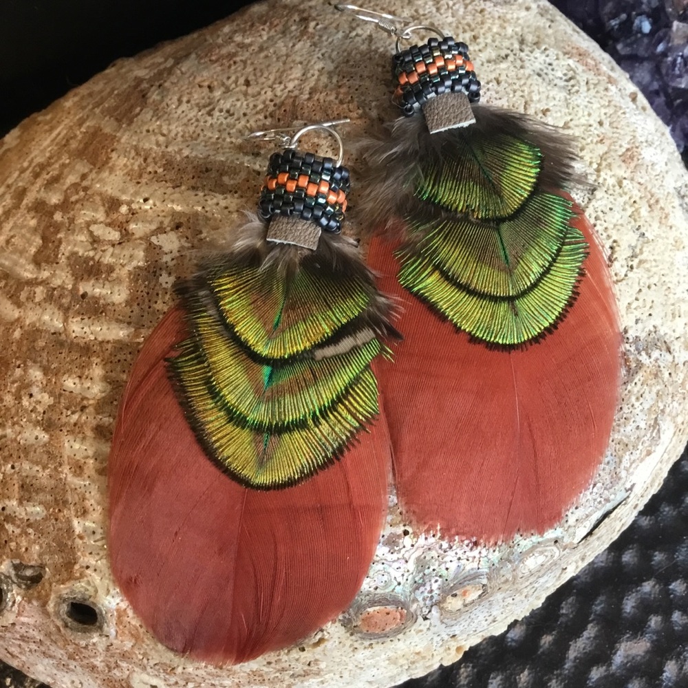 Handcrafted Fairy Core Feather Earrings with Peacock Plumes & Dyed Duck Feathers